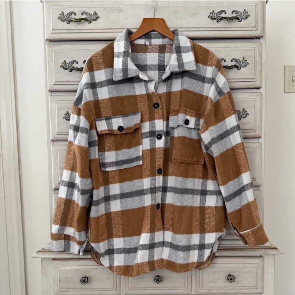 Vici Plaid Shacket in Brown, White & Gray